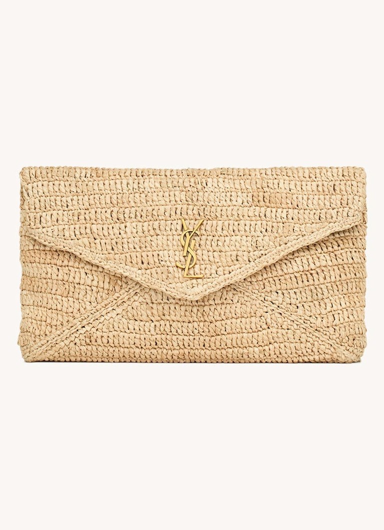 Saint Laurent Dames Cassandre Large clutch van raffia in de kleur Beige