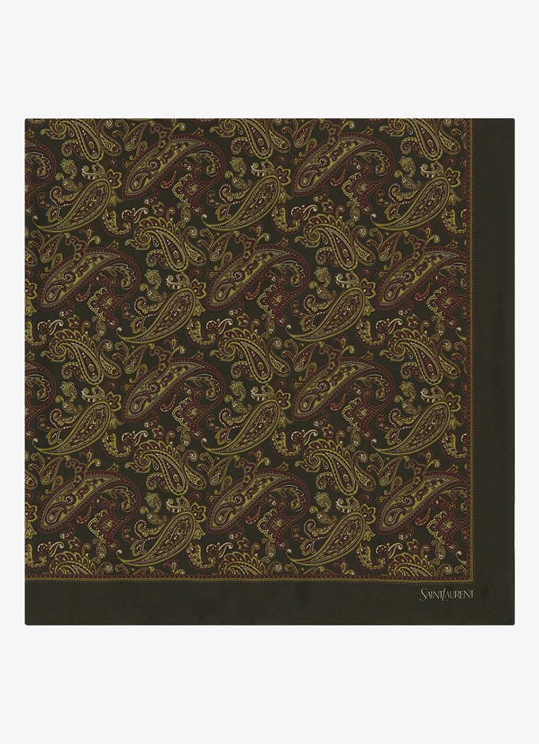 Saint Laurent Heren Sjaal van zijde met paisley dessin 90 x 90 cm in de kleur Olijfgroen