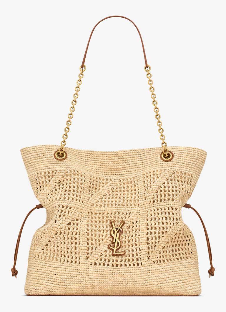 Saint Laurent Dames Jamie shopper van raffia met leren details in de kleur Beige