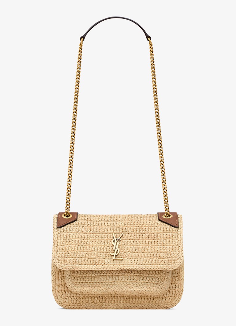 Saint Laurent Dames Niki Mini schoudertas van raffia met leren details in de kleur Beige