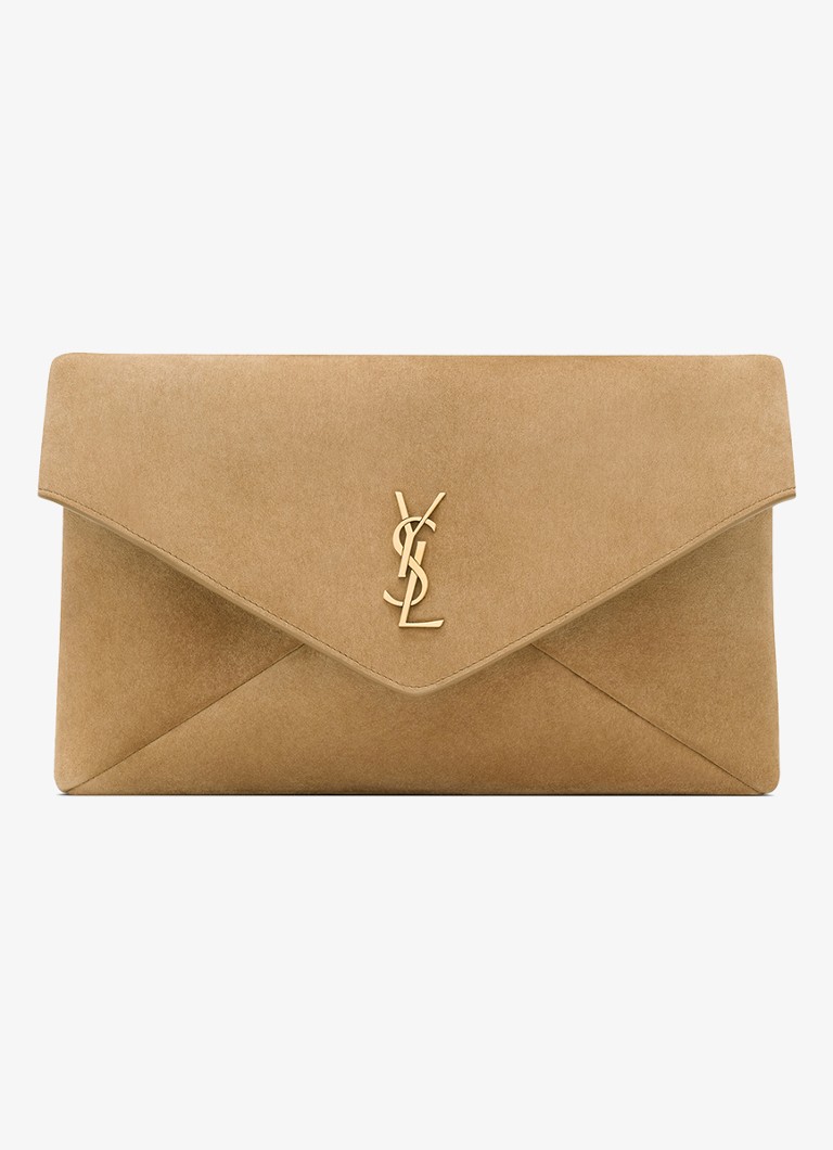 Saint Laurent Dames Cassandre Large clutch van kalfssuède in de kleur Lichtbruin