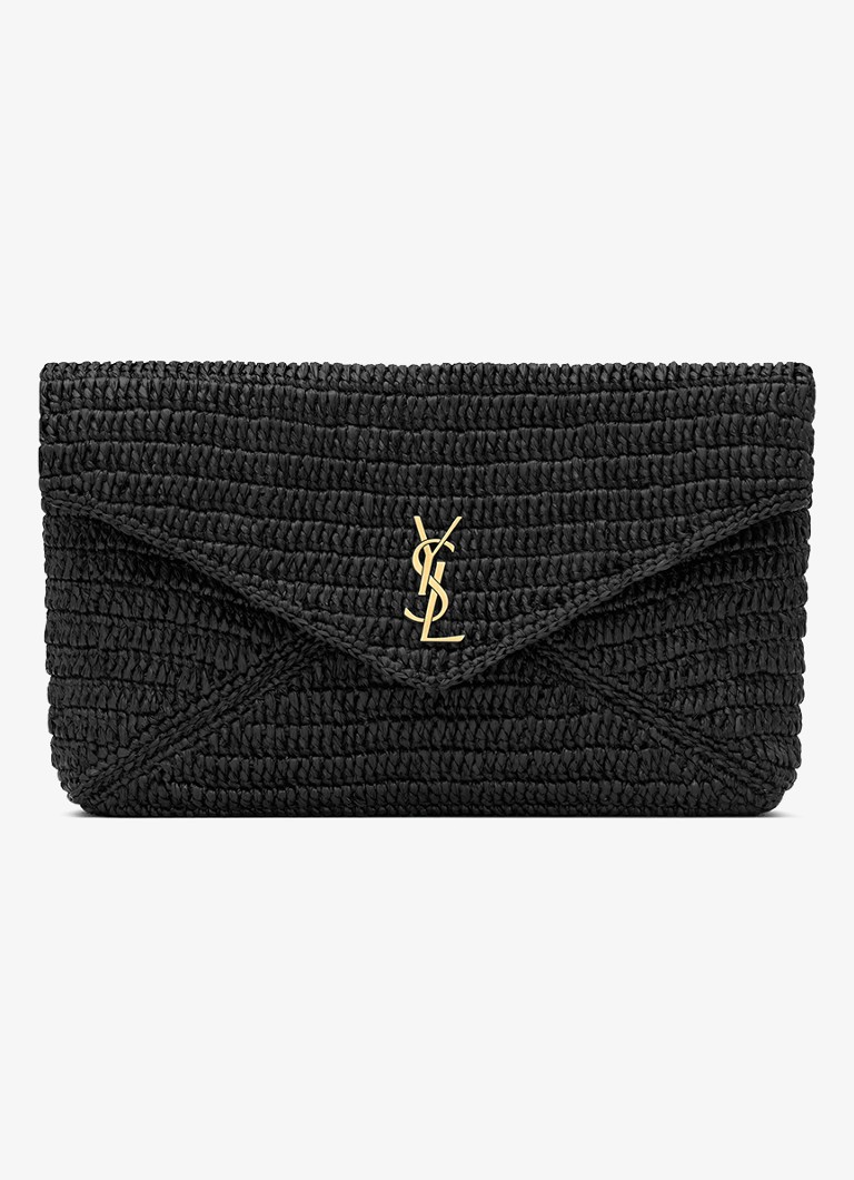 Saint Laurent Dames Cassandre Large clutch van raffia in de kleur Zwart