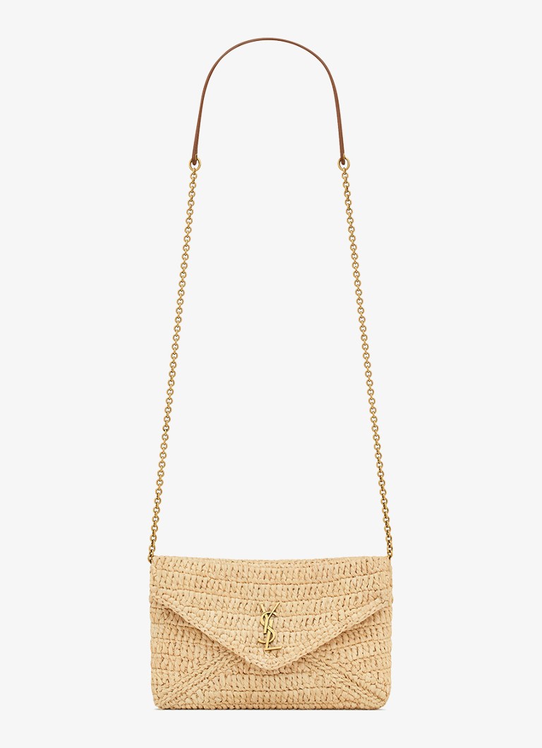 Saint Laurent Dames Cassandre crossbodytas van raffia met leer in de kleur Beige