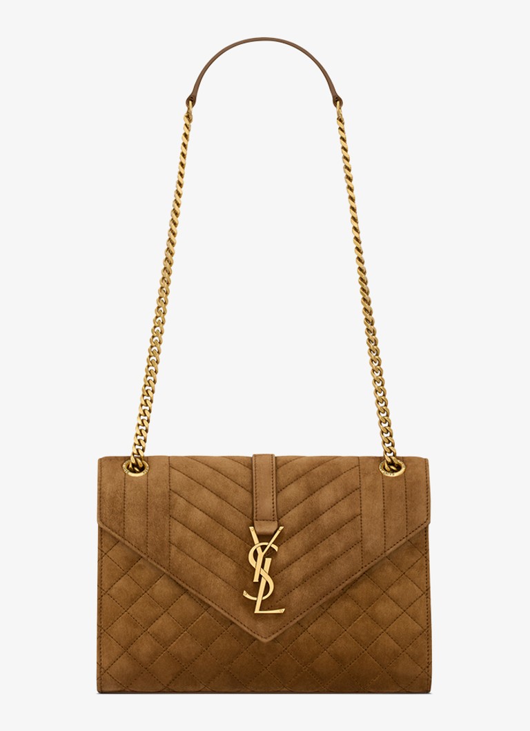Saint Laurent Dames Envelope Medium schoudertas van kalfssuède in de kleur Bruin