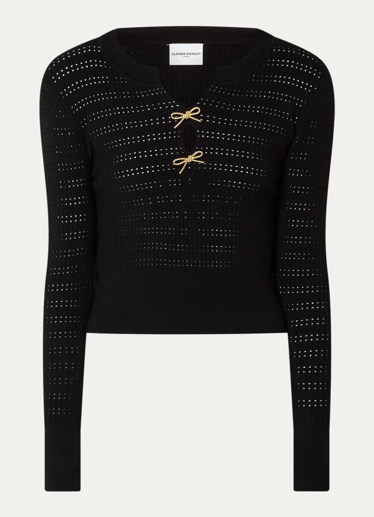 Claudie Pierlot Dames Minivelle fijngebreide crop top met opengewerkt dessin in de kleur Zwart