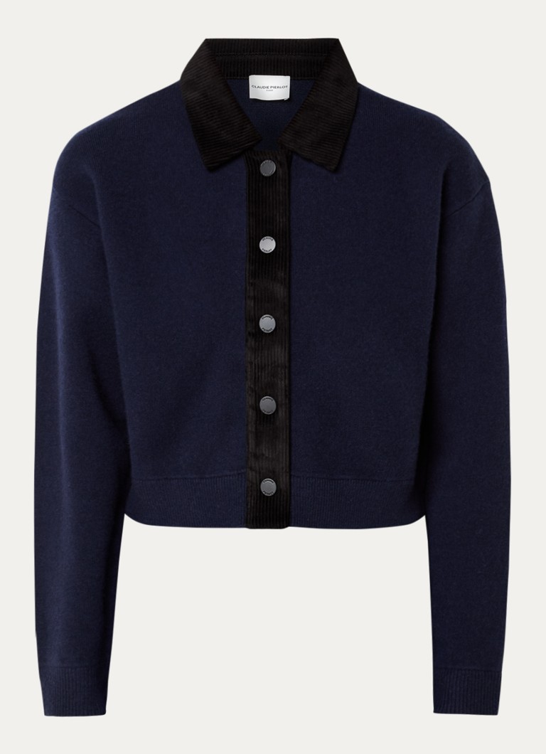 Claudie Pierlot Dames Mamamia fijngebreid cropped vest in wolblend met details van corduroy in de kleur Donkerblauw