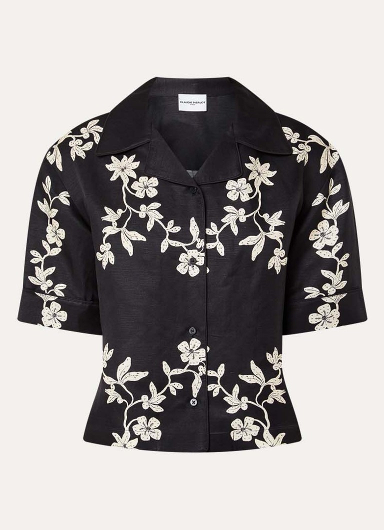 Claudie Pierlot Dames Caulafleur blouse in linnenblend met bloemenprint in de kleur Zwart