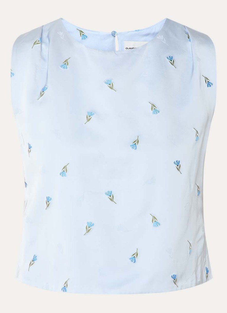 Claudie Pierlot Dames Betsy mouwloze top van satijn met bloemborduring in de kleur Lichtblauw