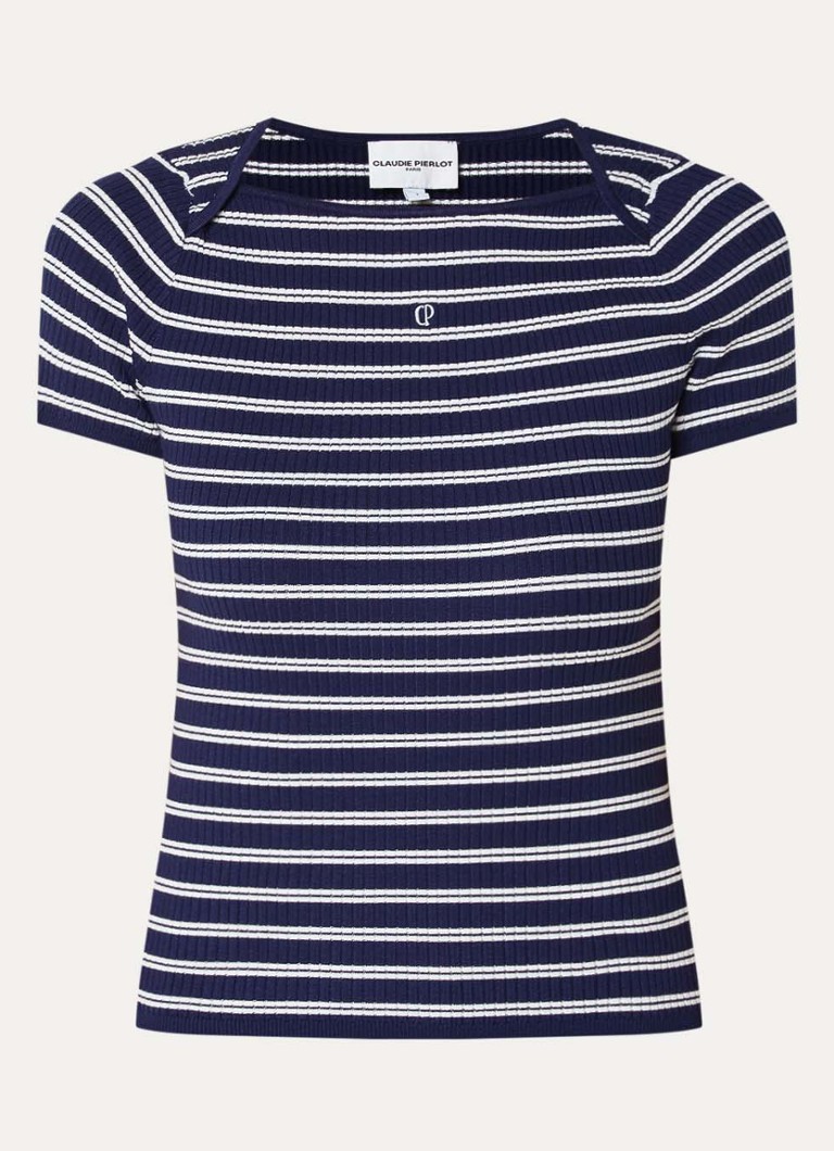 Claudie Pierlot Dames Manzai ribgebreide top met streepprint in de kleur Donkerblauw