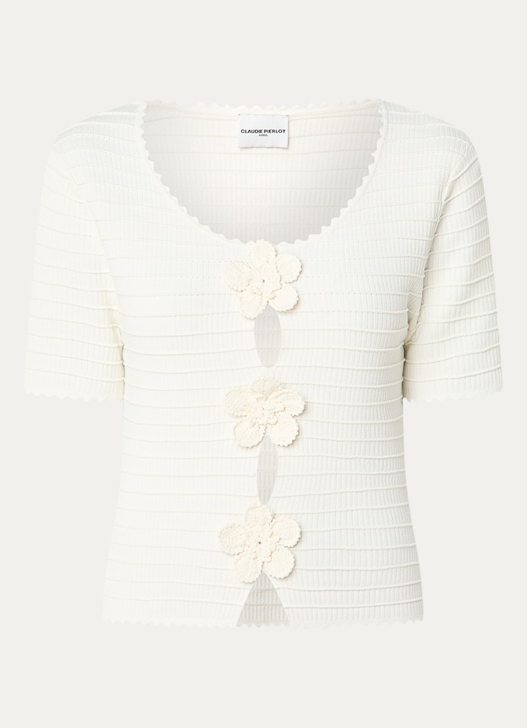 Claudie Pierlot Dames Ribgebreide top met ronde hals en crochet in de kleur Gebroken wit