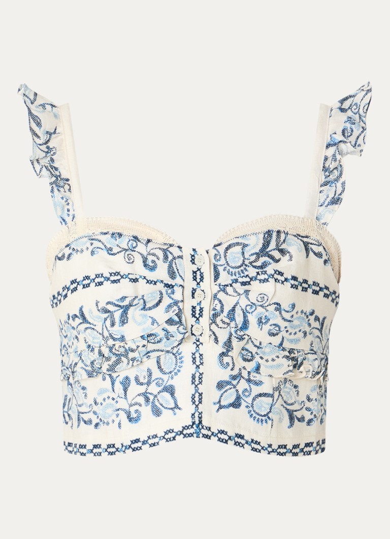 Claudie Pierlot Dames Crop top van linnen met borduring en ruches in de kleur Blauw
