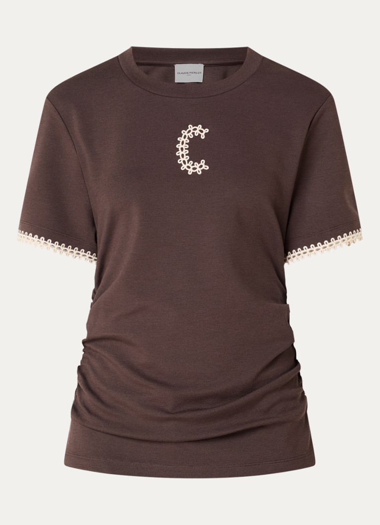 Claudie Pierlot Dames Asymmetrisch T-shirt met borduring en plooidetail in de kleur Hazelnootbruin