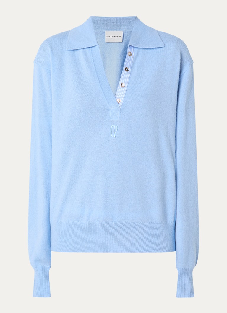 Claudie Pierlot Dames Fijngebreide trui in kasjmierblend met logoborduring in de kleur Lichtblauw