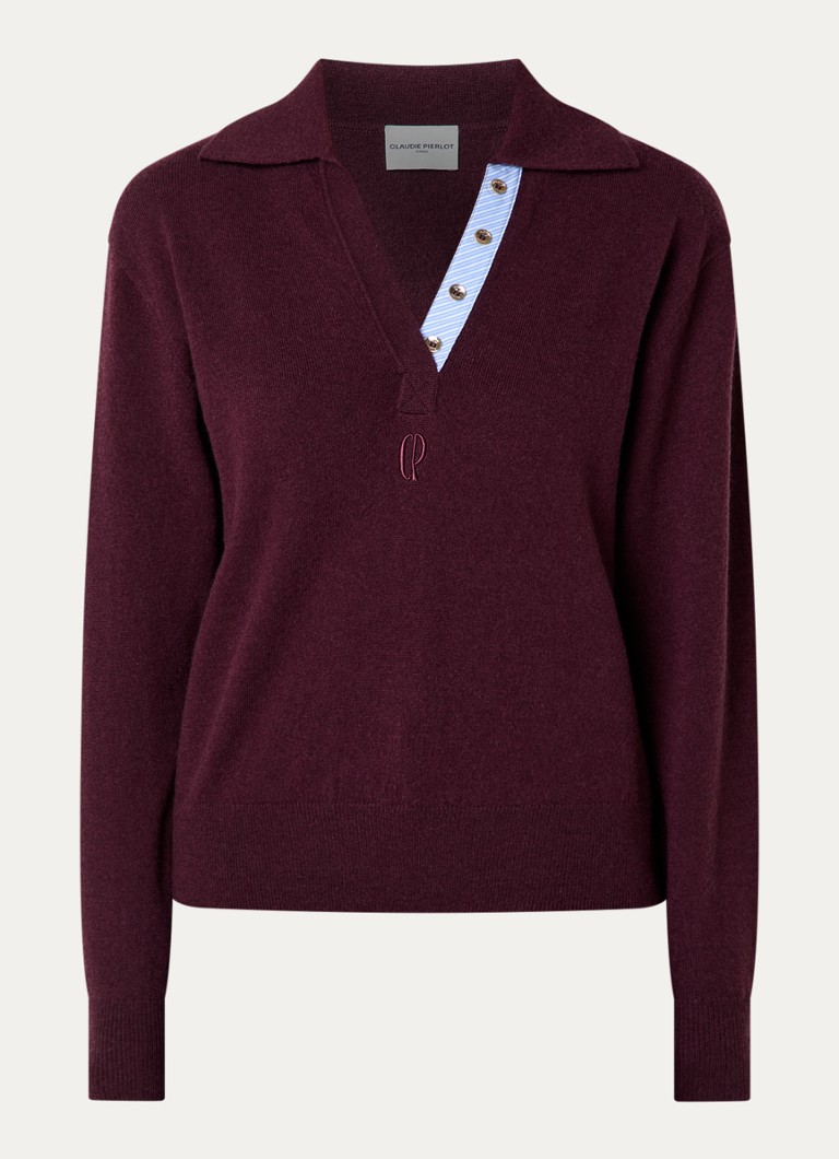 Claudie Pierlot Dames Fijngebreide trui in kasjmierblend met logoborduring in de kleur Aubergine