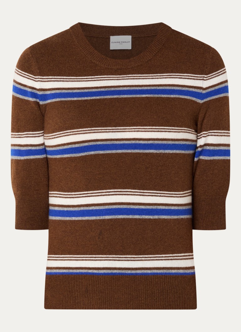 Claudie Pierlot Dames Fijngebreide top in kasjmierblend met streepprint in de kleur Hazelnootbruin