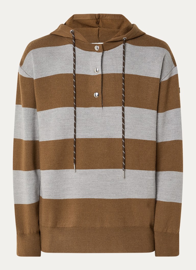 Claudie Pierlot Dames Fijngebreide trui in wolblend met capuchon en streepprint in de kleur Bruin