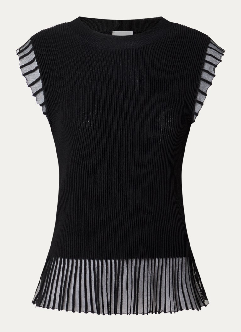 Claudie Pierlot Dames Ribgebreide top met volant en details van mesh in de kleur Zwart