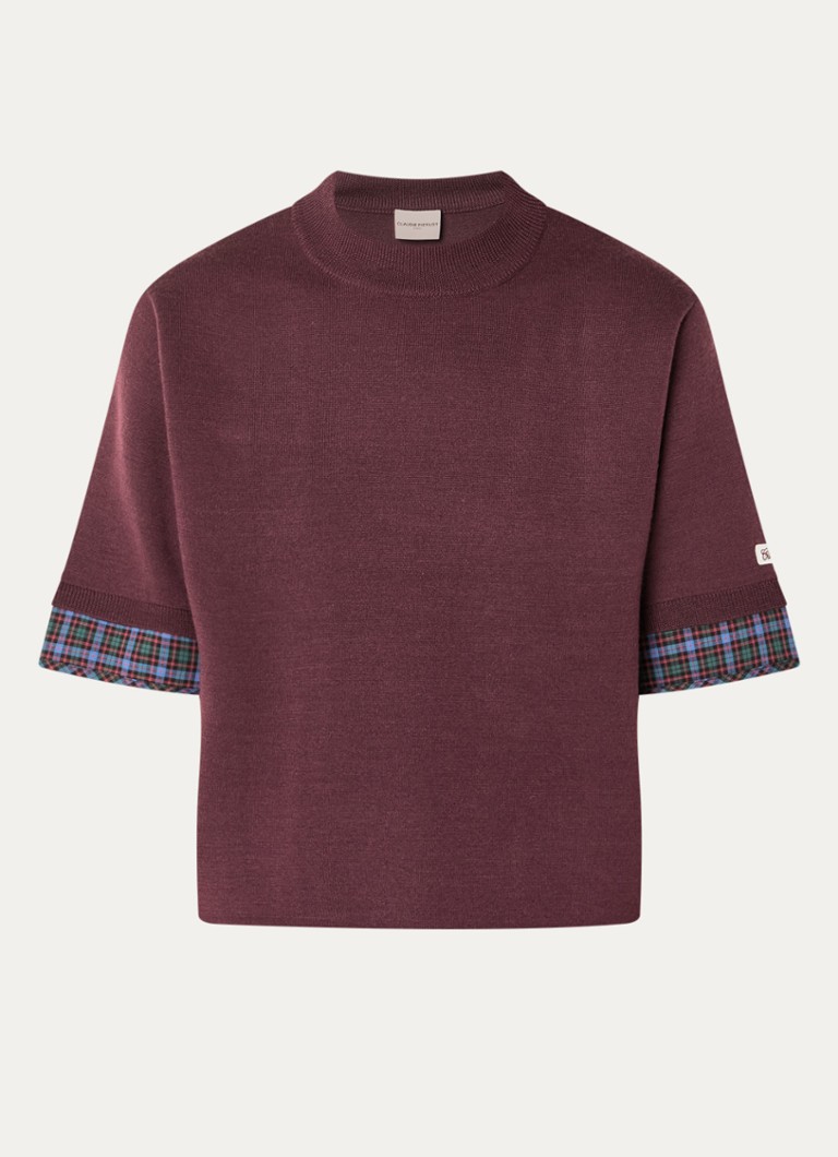 Claudie Pierlot Dames Marayure fijngebreide T-shirt in wolblend met ronde hals in de kleur Aubergine