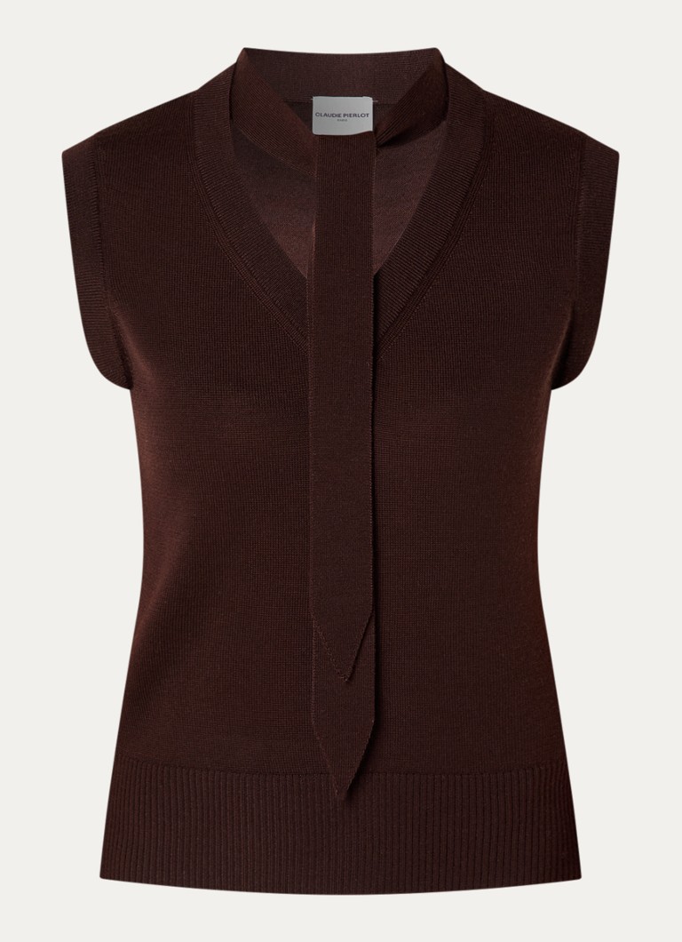 Claudie Pierlot Dames Fijngebreide top in wolblend met sjaalkraag in de kleur Donkerbruin