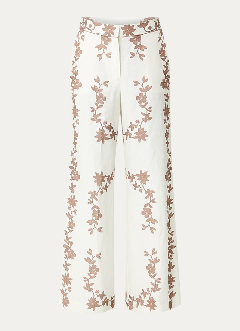 Claudie Pierlot Dames Paulafleur high waist wide fit pantalon in linnenblend met bloemenprint in de kleur Bruin
