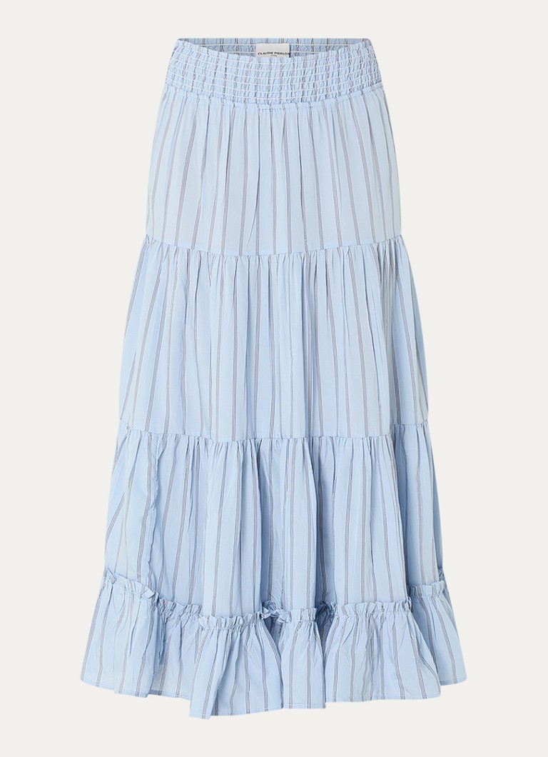 Claudie Pierlot Dames Midi A-lijn rok met streepprint en smockwerk in de kleur Lichtblauw