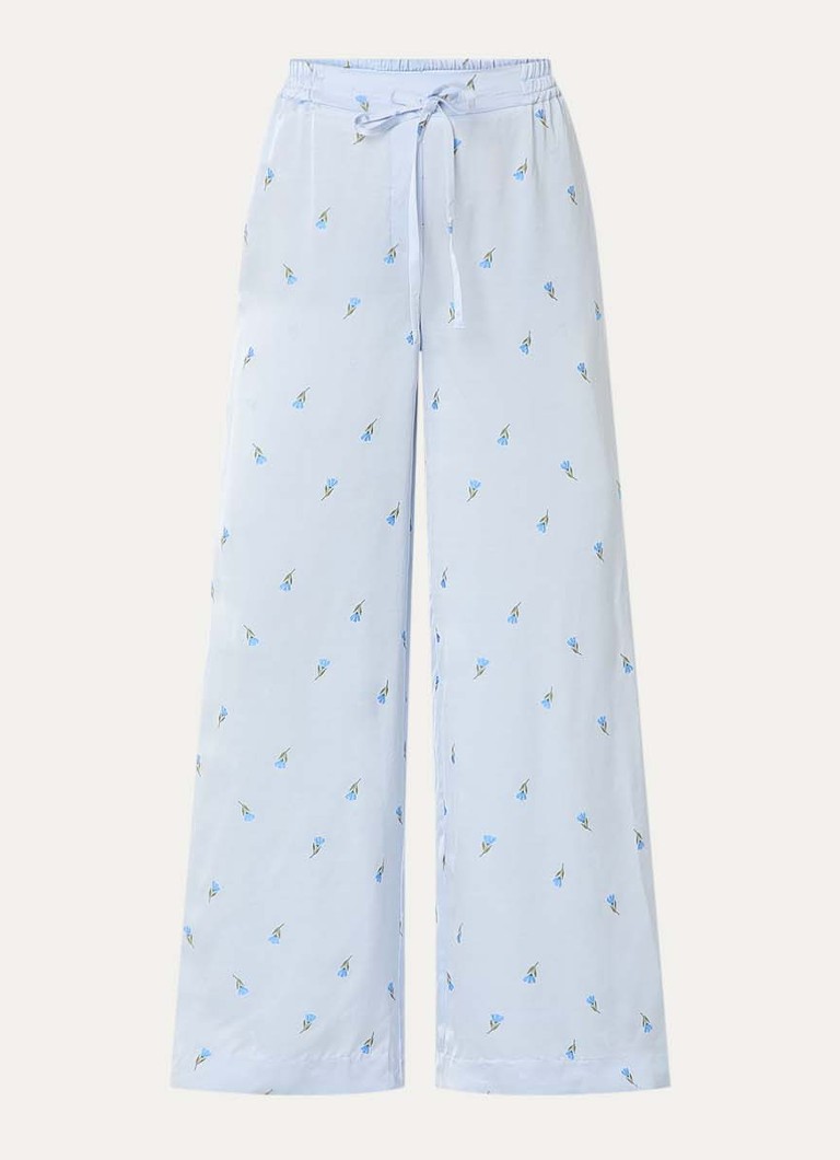 Claudie Pierlot Dames Piste high waist wide fit pantalon van satijn met bloemborduring in de kleur Lichtblauw