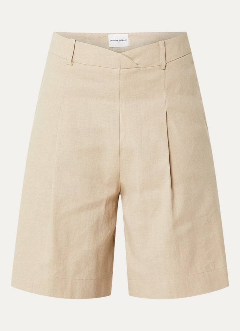 Claudie Pierlot Dames High waist wide fit korte broek in linnenblend met steekzakken in de kleur Beige