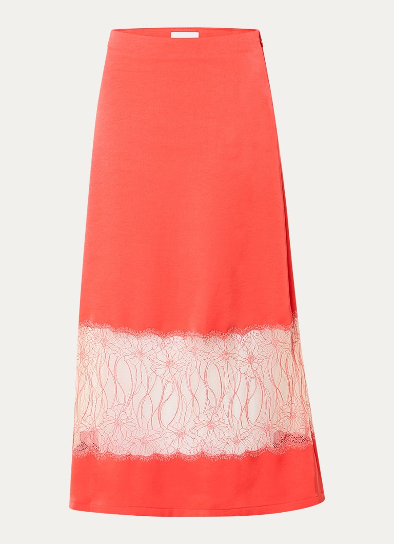Claudie Pierlot Dames Shema maxi rok van satijn met details van kant in de kleur Oranjerood