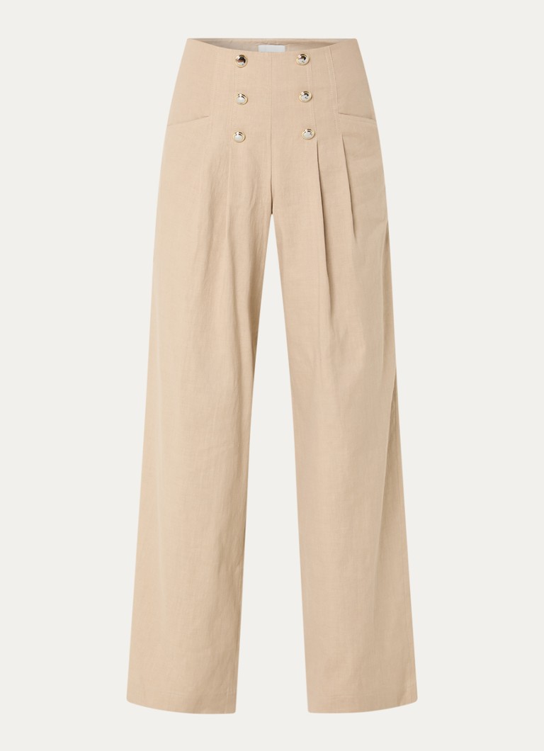 Claudie Pierlot Dames Paulin high waist wide fit pantalon in linnenblend met sierknopen in de kleur Beige