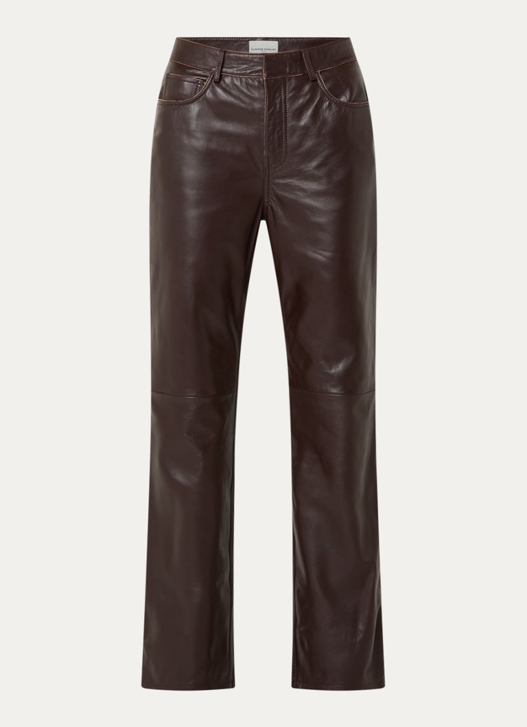 Claudie Pierlot Dames Mid waist straight fit broek van lamsleer met steekzakken in de kleur Donkerbruin