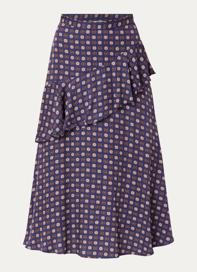 Claudie Pierlot Dames Midi rok met volant en print in de kleur Donkerblauw