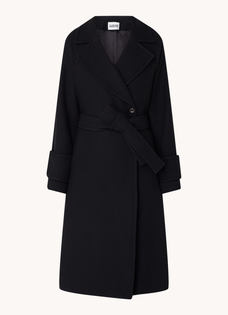 Claudie Pierlot Dames Gama double-breasted mantel in wolblend met strikceintuur in de kleur Zwart