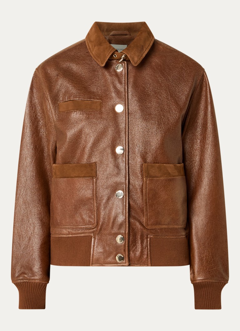Claudie Pierlot Dames Bomberjack van lamsleer met details van geitensuède in de kleur Cognac