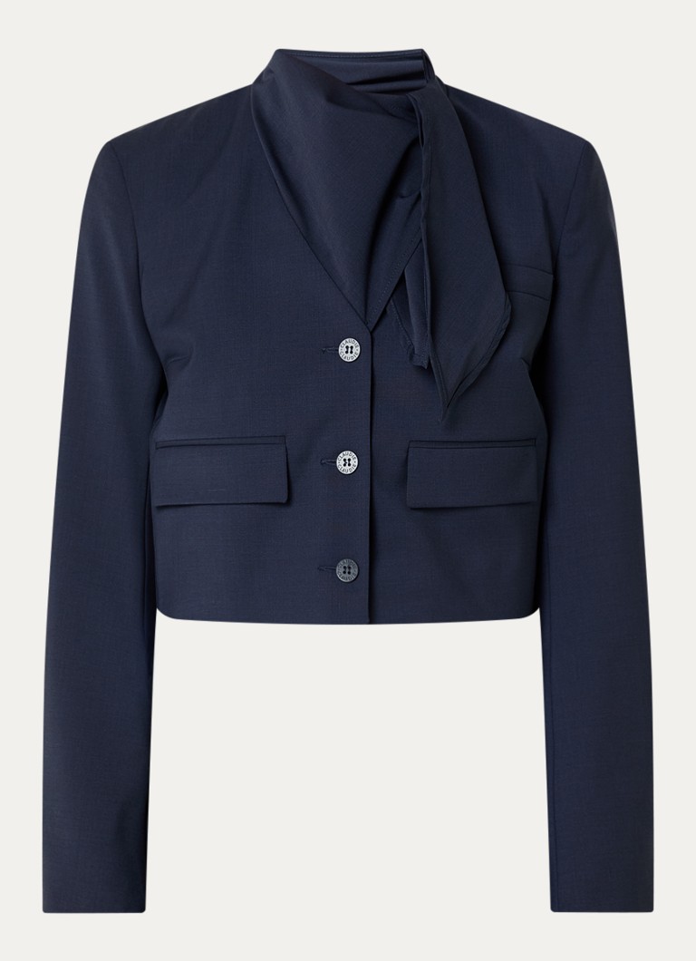 Claudie Pierlot Dames Velma cropped blazer in wolblend met sjaalkraag en klepzakken in de kleur Donkerblauw