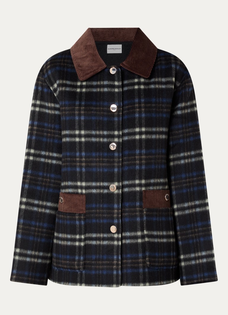 Claudie Pierlot Dames Barn jack in alpaca wolblend met opgestikte zakken en ruitdessin in de kleur Donkerblauw