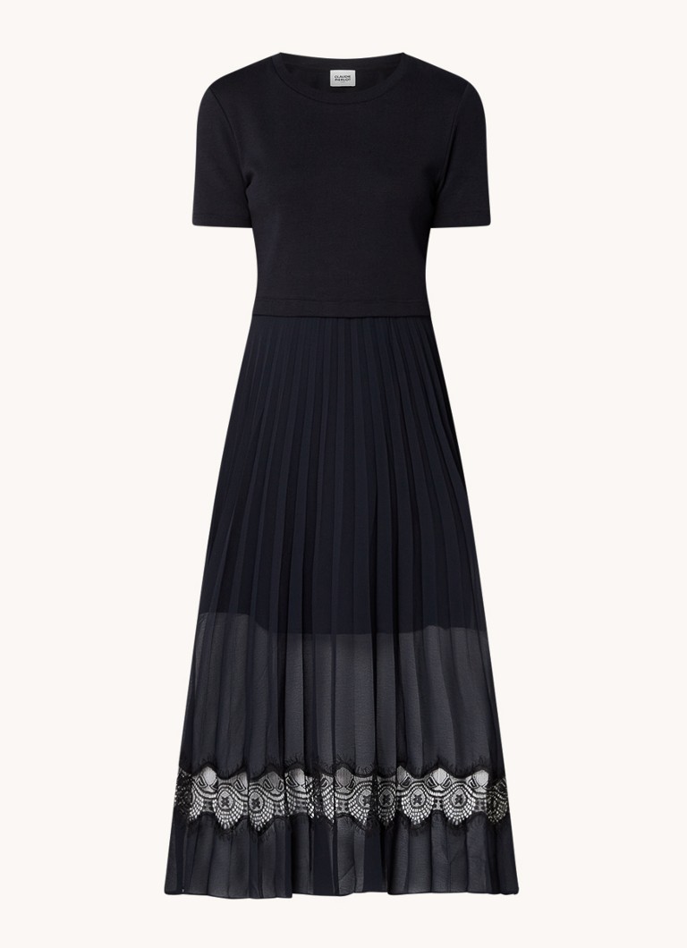 Claudie Pierlot Dames Teli midi jurk met plissé en kant in de kleur Donkerblauw