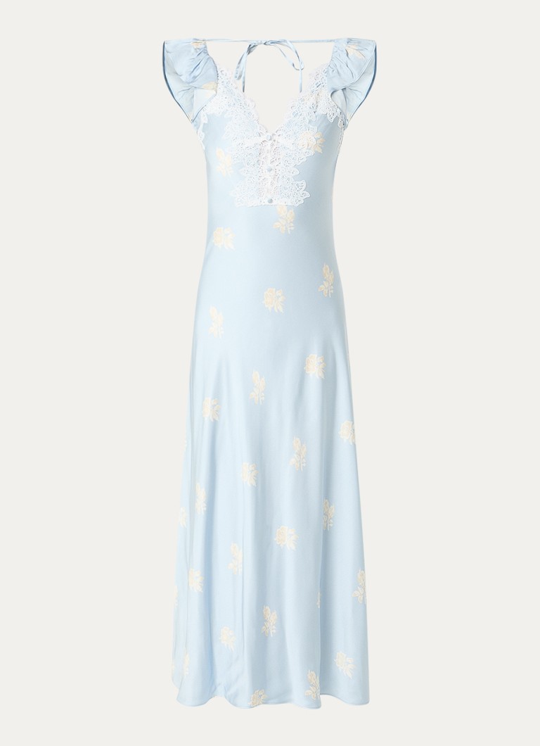 Claudie Pierlot Dames Romance midi jurk van satijn met details van kant in de kleur Lichtblauw