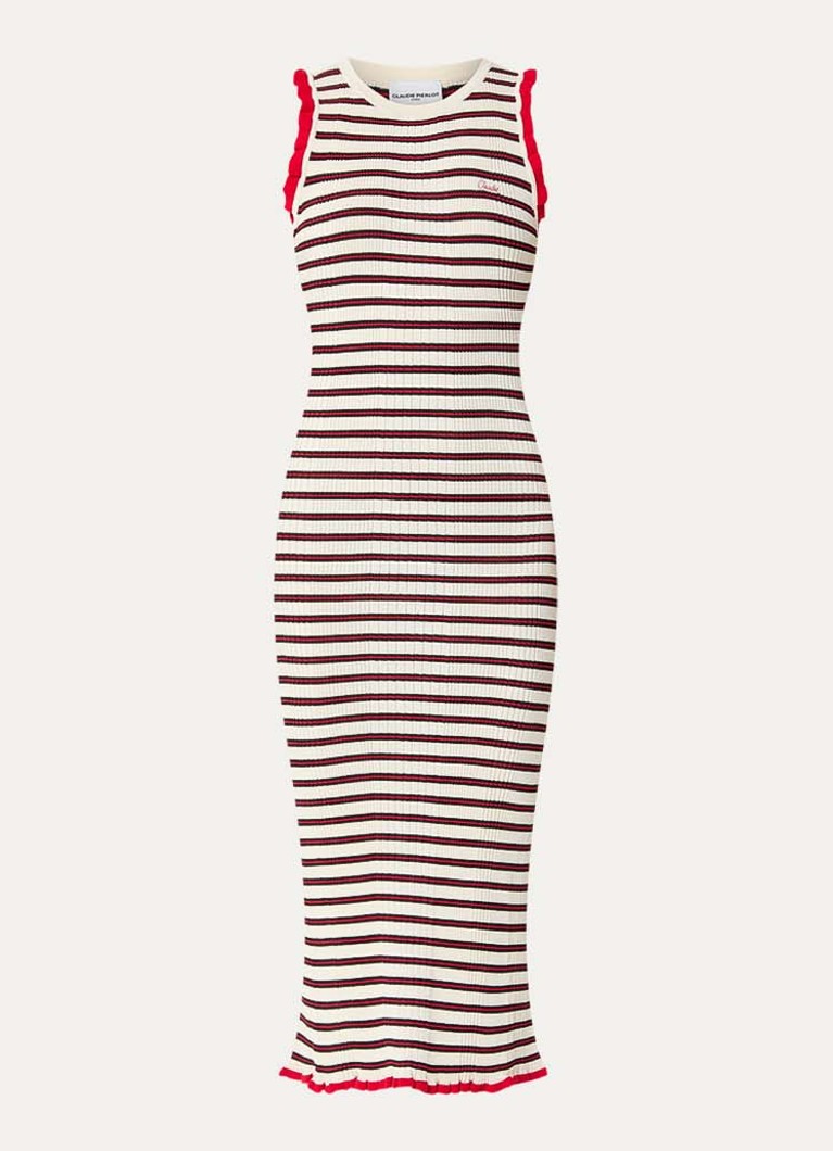Claudie Pierlot Dames Grofgebreide midi jurk met streepprint in de kleur Gebroken wit