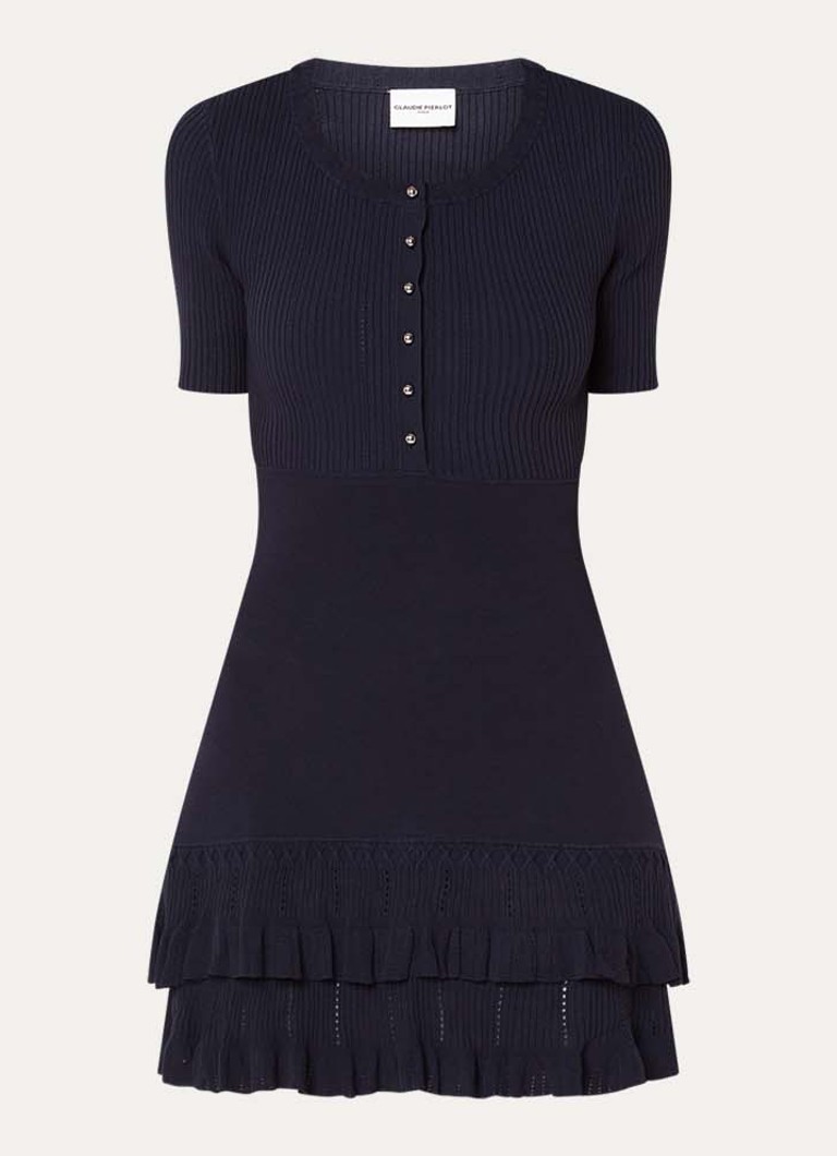 Claudie Pierlot Dames Boogie ribgebreide mini jurk met volant en ruches in de kleur Donkerblauw