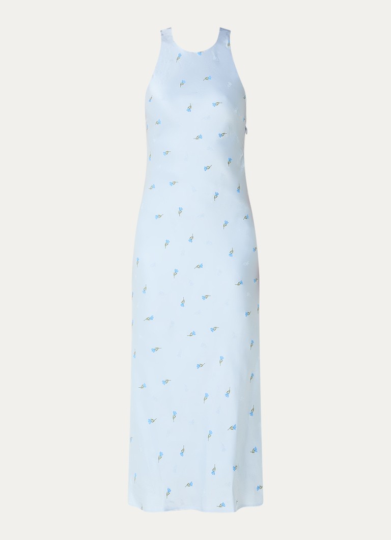 Claudie Pierlot Dames Rency midi jurk van satijn met bloemenprint en rugdecolleté in de kleur Lichtblauw