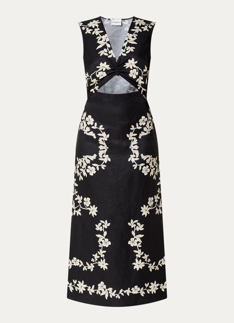 Claudie Pierlot Dames Midi jurk in linnenblend met split en print in de kleur Zwart