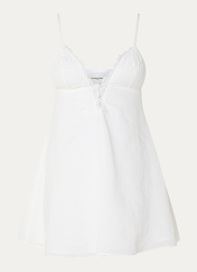Claudie Pierlot Dames Rosanna mini tuniekjurk in linnenblend met details van kant in de kleur Gebroken wit