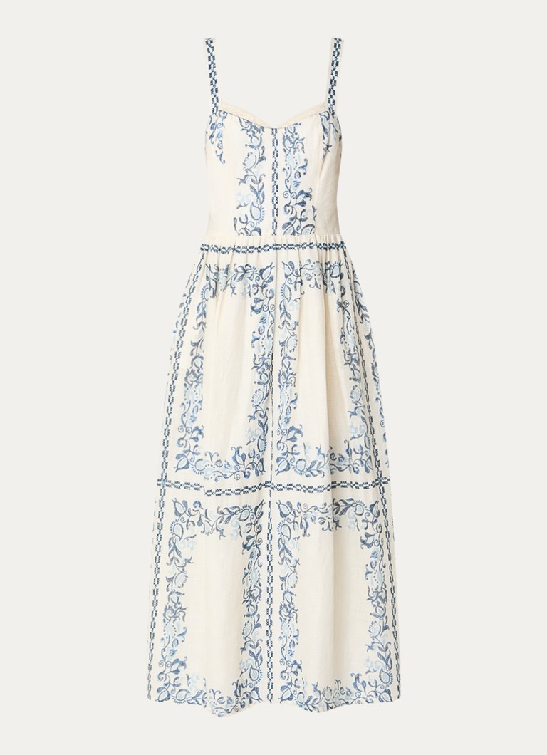 Claudie Pierlot Dames Midi jurk van linnen met bloemenprint en steekzakken in de kleur Gebroken wit