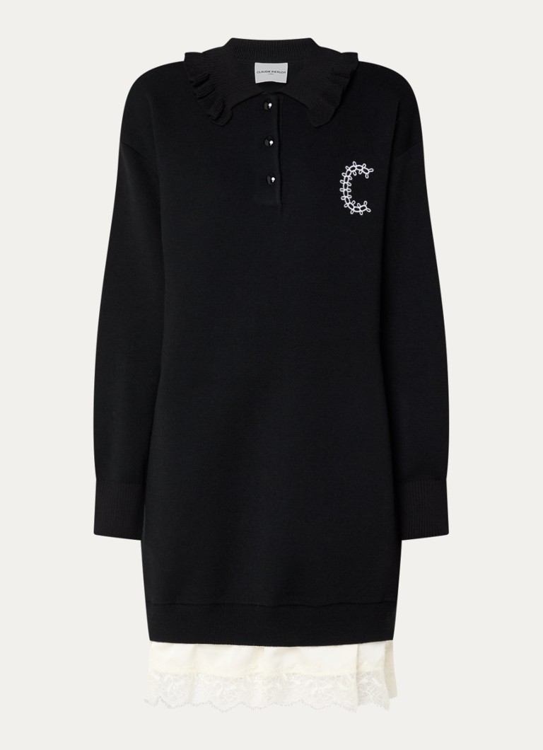 Claudie Pierlot Dames Mini jurk in wolblend met details van kant in de kleur Zwart