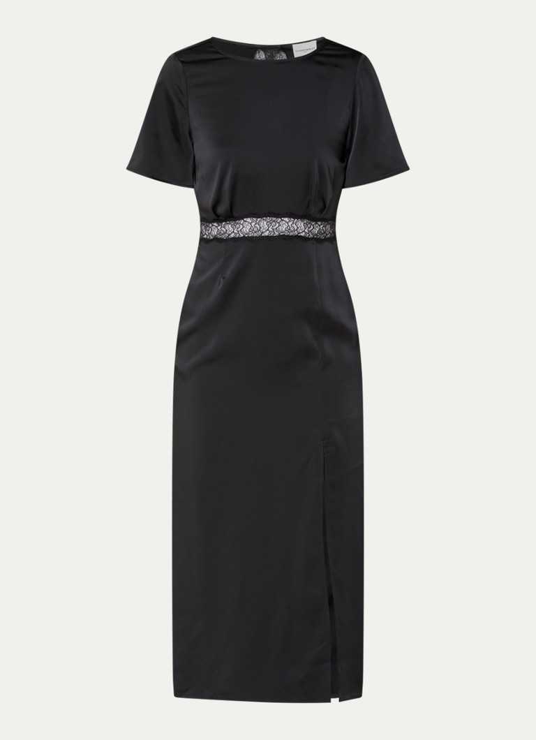 Claudie Pierlot Dames Rama midi jurk van satijn met details van kant in de kleur Zwart