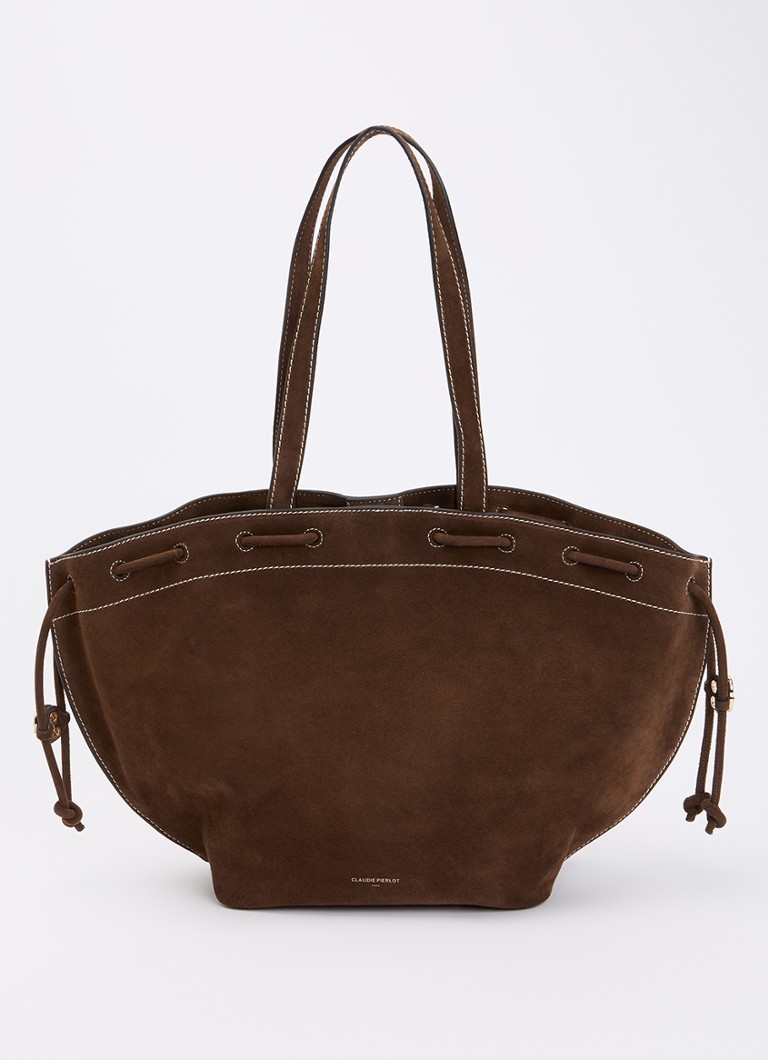 Claudie Pierlot Dames Alban schoudertas van kalfssuède met trekkoord in de kleur Chocoladebruin