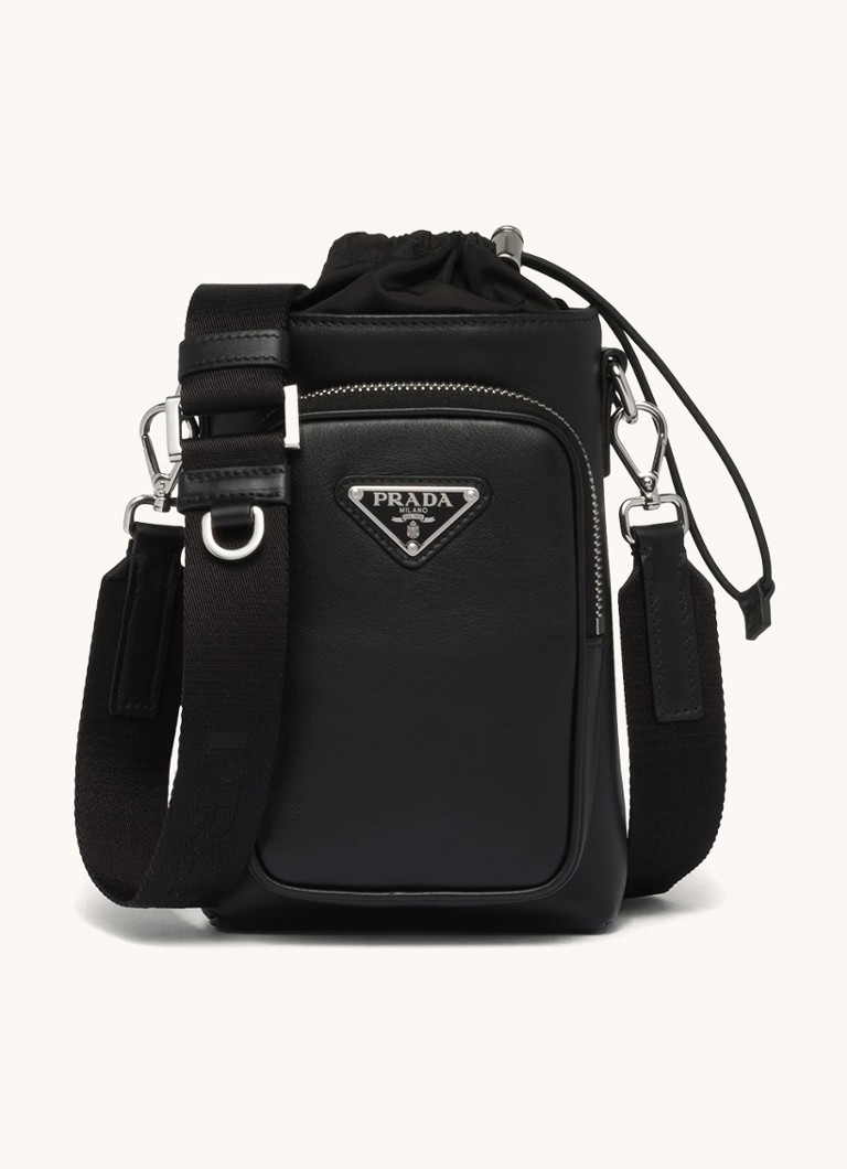 Prada Heren Crossbody telefoonhoes van leer met afneembare schouderriem in de kleur Zwart