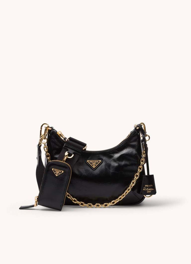 Prada Dames Re-Edition 2005 schoudertas van leer in de kleur Zwart