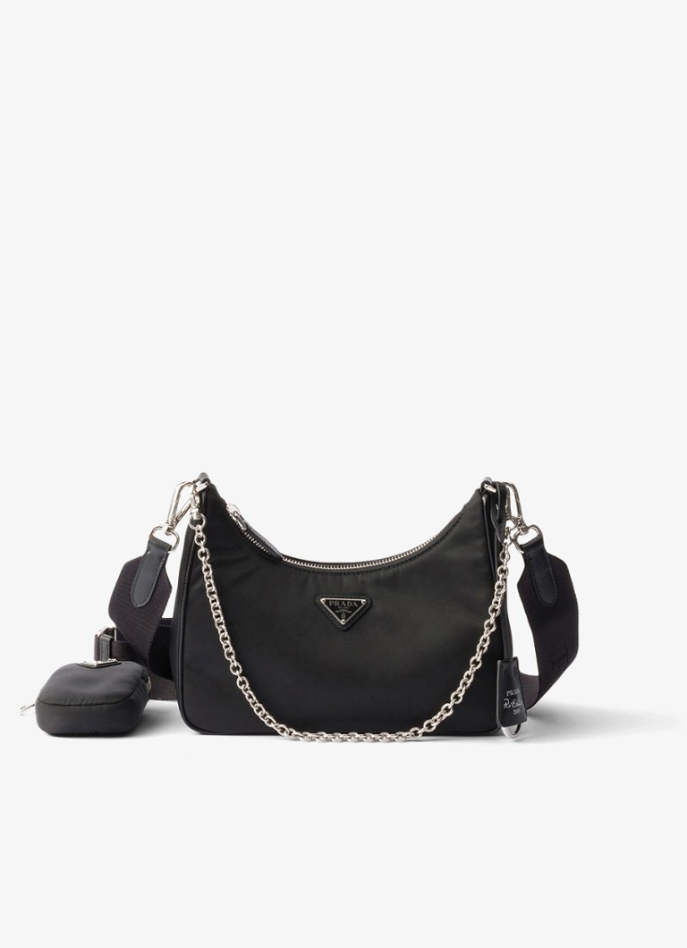 Prada Dames Re-Edition 2005 Re-Nylon schoudertas met leren details in de kleur Zwart