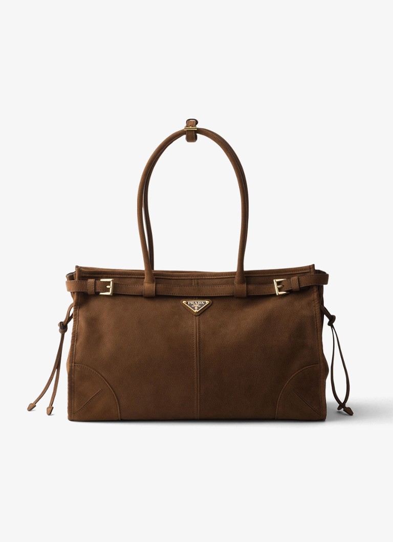 Prada Dames Bonnie Large schoudertas van nubuck in de kleur Donkerbruin